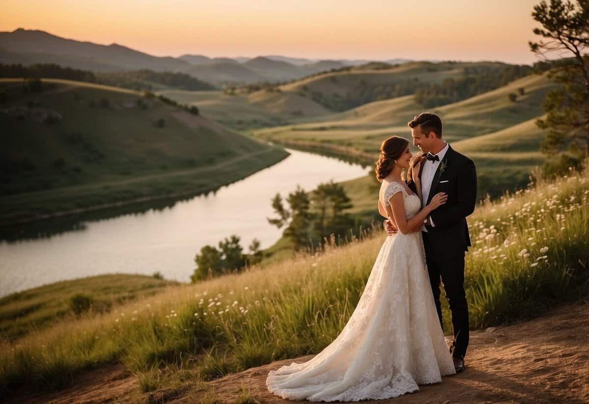 Rolling hills, lush greenery, and serene lakes create a picturesque backdrop for a wedding in South Dakota. The sun sets behind the majestic Black Hills, casting a warm glow over the romantic setting