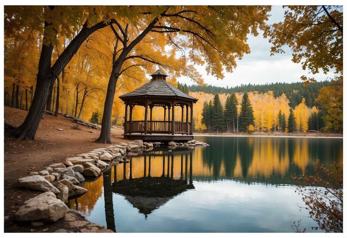 A serene lakeside setting with vibrant autumn foliage and a rustic wooden gazebo, nestled in the Black Hills of South Dakota