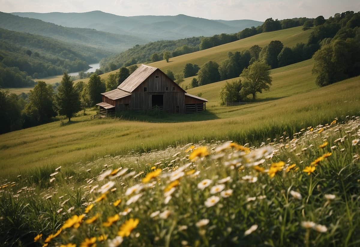 A picturesque barn nestled in the rolling hills of Tennessee, surrounded by blooming wildflowers and a winding river