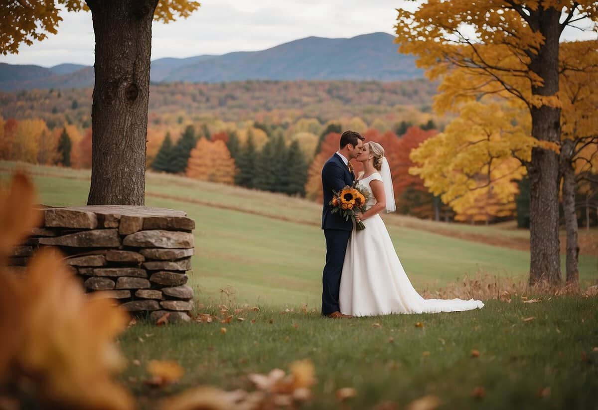 A picturesque Vermont wedding scene with colorful fall foliage, a charming barn, and a serene mountain backdrop