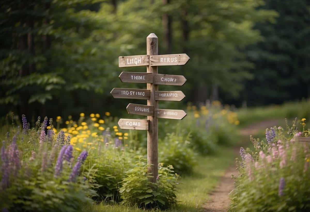 A rustic wooden signpost with directions to various wedding venues in Vermont, surrounded by lush greenery and colorful wildflowers