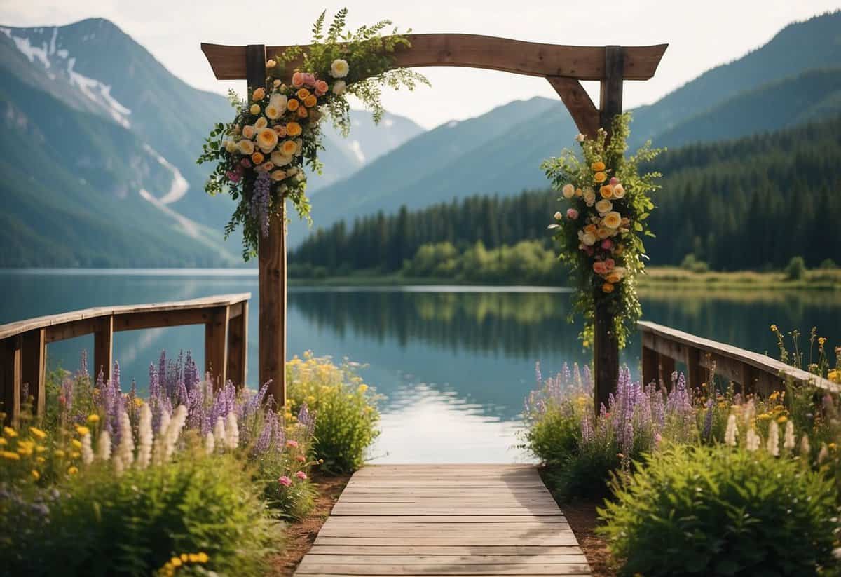 A picturesque mountain overlook with a serene lake in the background, surrounded by lush greenery and colorful wildflowers. A rustic wooden arch adorned with delicate drapery stands at the center, creating a perfect setting for a romantic wedding ceremony