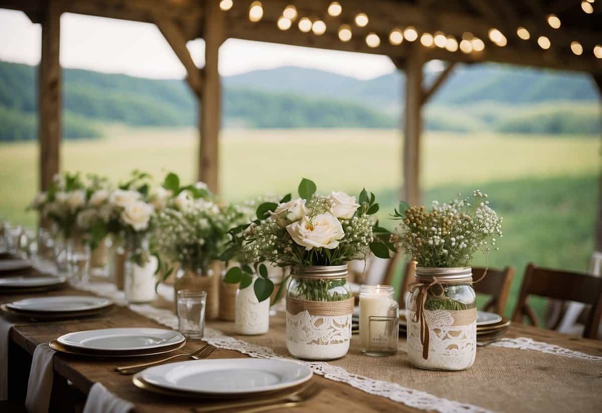 A rustic barn wedding with mason jar centerpieces, burlap and lace decor, and a backdrop of the rolling hills of West Virginia