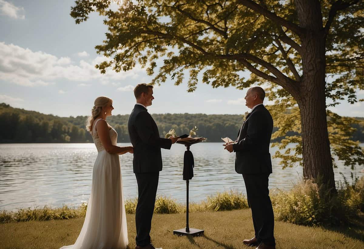A couple exchanging vows in front of a picturesque lakeside backdrop in Wisconsin. A wedding officiant and witnesses stand nearby, as the couple meets legal requirements for marriage