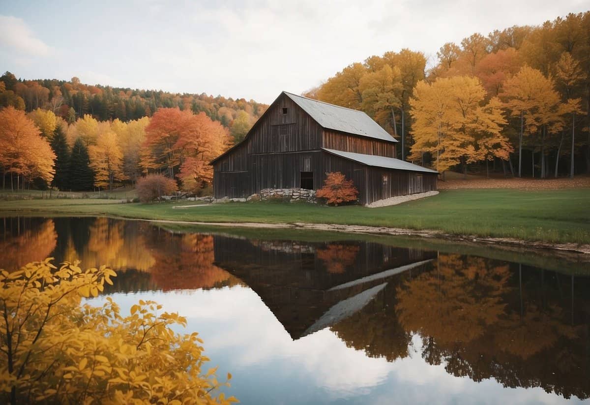 A picturesque wedding venue in Wisconsin with colorful autumn foliage, a serene lake, and a charming rustic barn