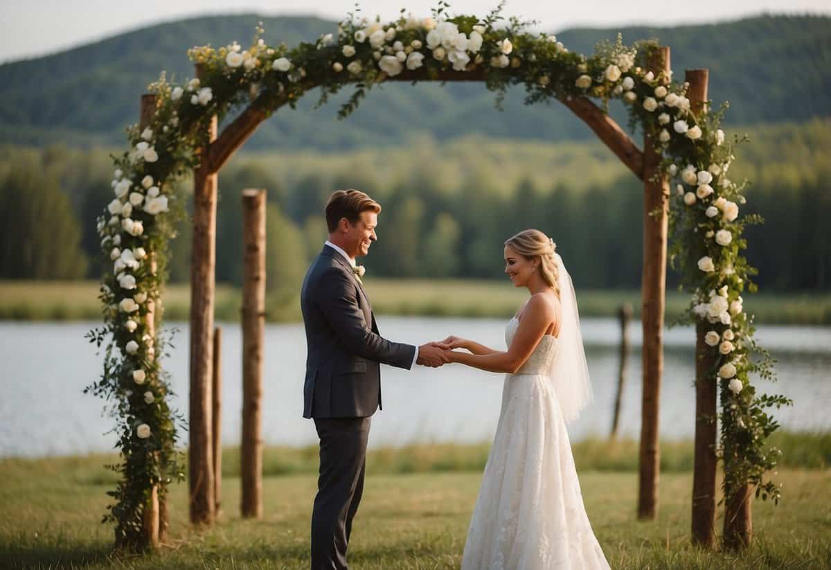 A couple exchanges rings under a rustic wedding arch in a Wisconsin barn, surrounded by rolling hills and a serene lake