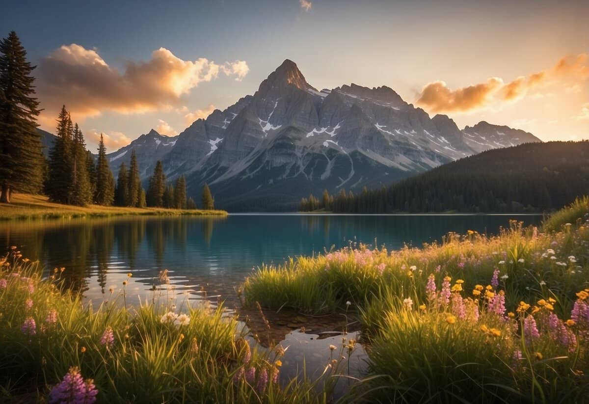 A picturesque mountain backdrop frames a serene lake, with vibrant wildflowers scattered across the lush meadow. The sun sets behind the towering peaks, casting a warm glow over the idyllic setting