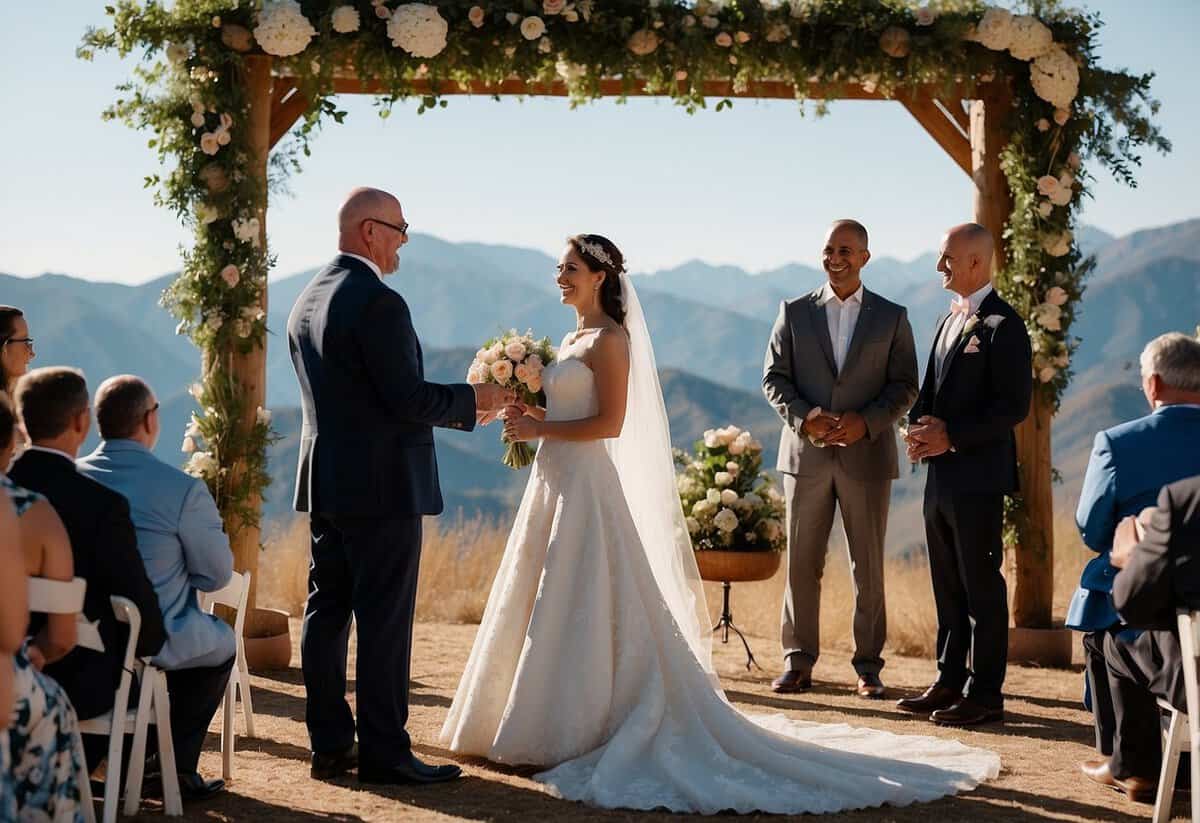 A couple stands before a county clerk, exchanging vows. Mountains and a clear blue sky provide a picturesque backdrop for the ceremony