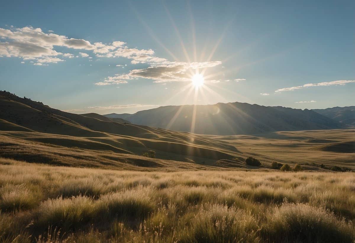 The sun shines down on a picturesque Wyoming landscape, with rolling hills and a clear blue sky. A gentle breeze rustles through the grass, creating a serene and romantic atmosphere for a wedding