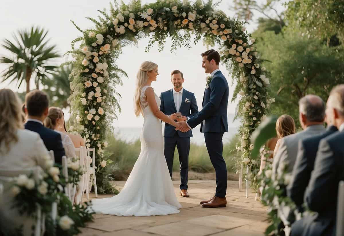 A couple exchanging vows under a simple, elegant arch adorned with affordable flowers and greenery. A budget-friendly reception with DIY decorations and a cozy, intimate atmosphere