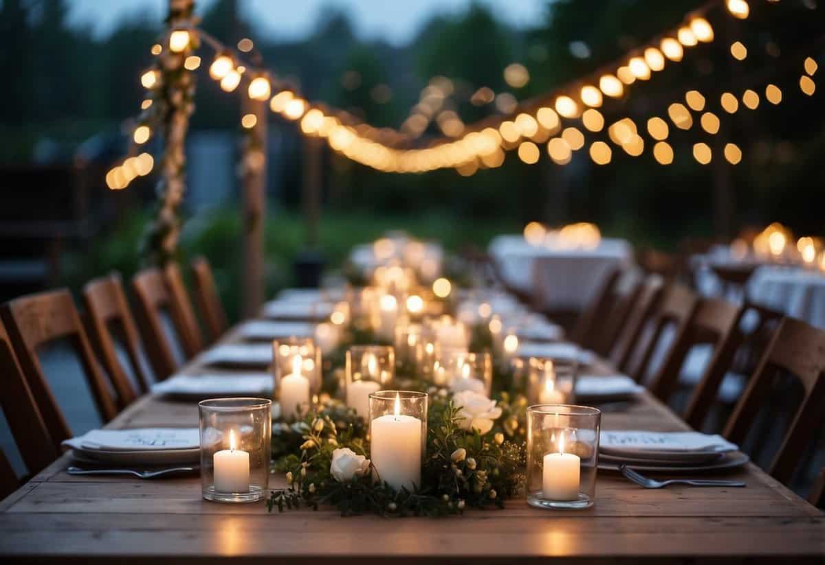 A table adorned with handmade centerpieces, twinkling string lights, and personalized signage. A budget-friendly wedding backdrop with DIY decor ideas