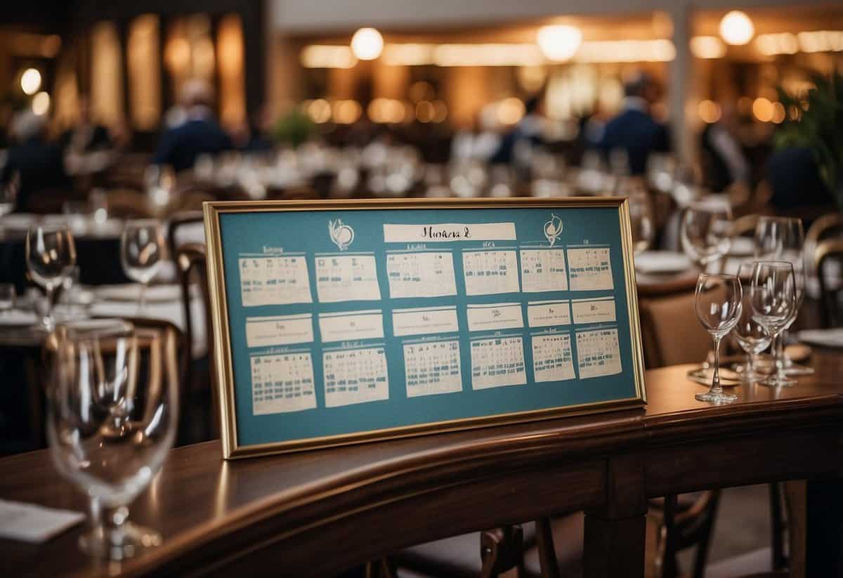 Guests' names arranged on a seating chart, tables labeled with numbers, and a clear layout for easy navigation