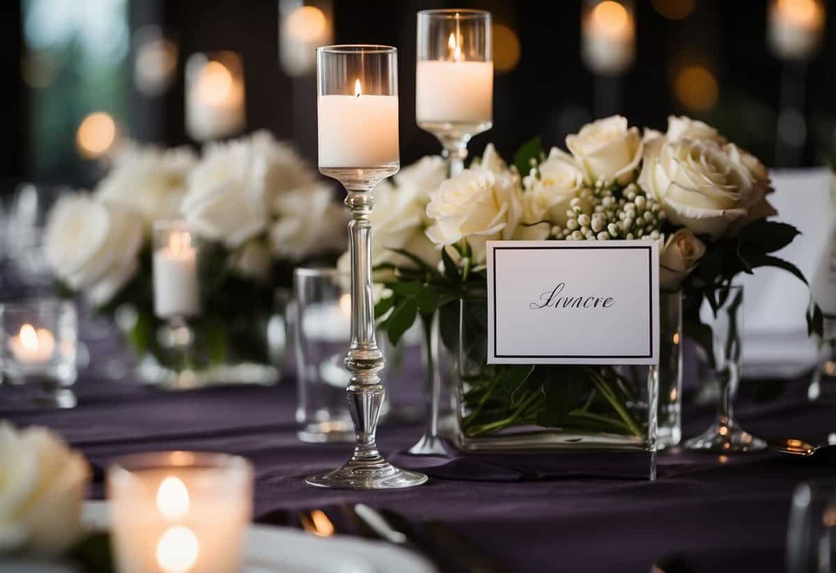 Elegant tables arranged with name cards for VIP guests at a wedding, with beautiful centerpieces and soft lighting