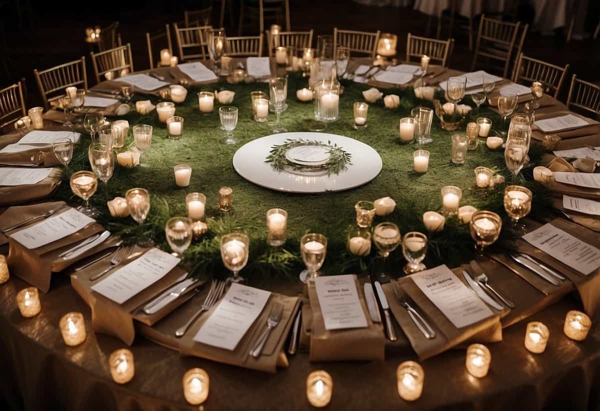 A floor plan with labeled tables and seating arrangements for a wedding reception