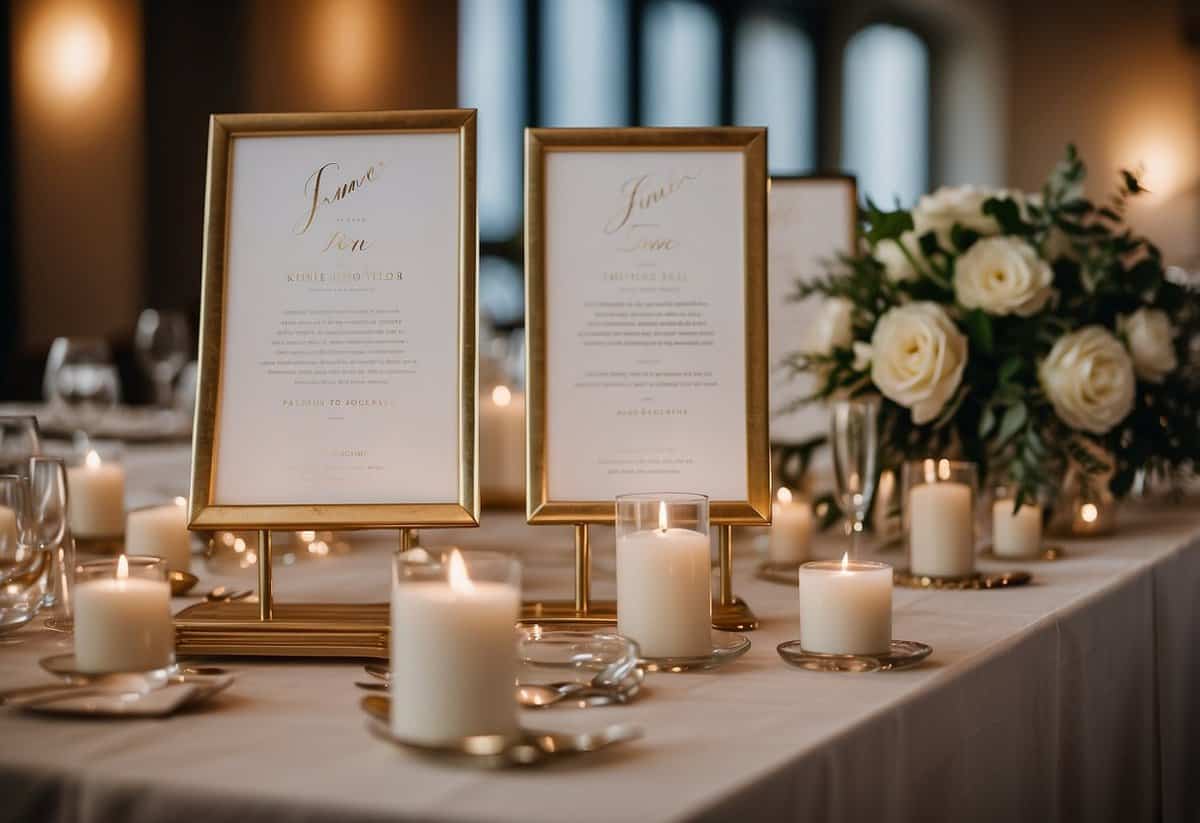 A wedding seating plan with tables arranged in a mix of family and friends, with name cards and elegant decor