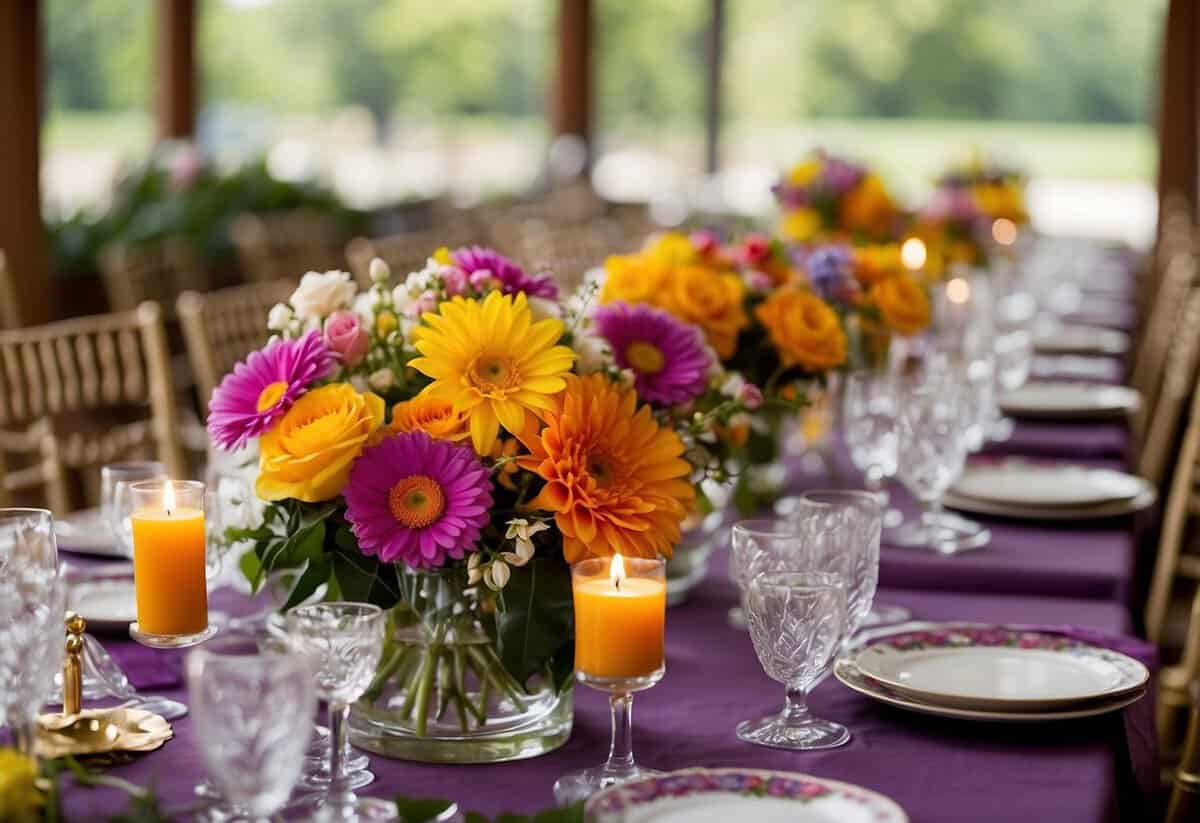 A colorful array of tables arranged in a circular pattern, each adorned with unique and whimsical centerpieces. A vibrant mix of flowers, candles, and decorative elements add a touch of elegance to the setting