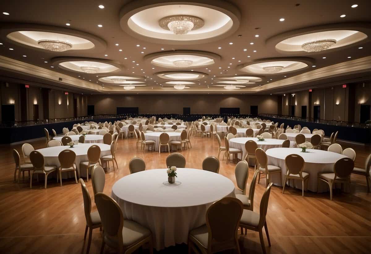 The venue layout shows round tables with white tablecloths arranged in a spacious hall with a dance floor in the center
