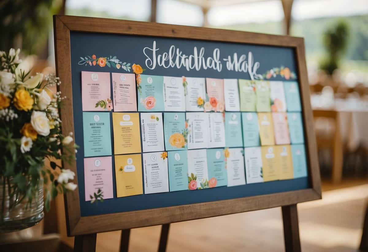 A colorful, whimsical seating chart with playful illustrations and fun fonts, showcasing the designated "Kids Table" at a wedding reception