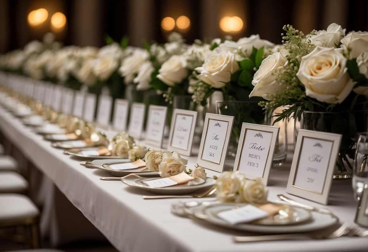 A table with neatly arranged escort cards, labeled with guest names and table numbers, displayed in an elegant setting