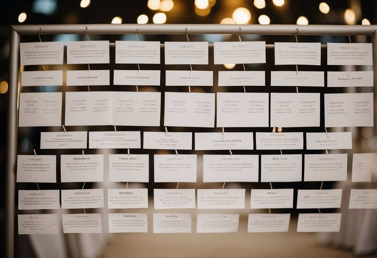 A wedding seating chart with labeled tables and designated plus one seats for guests
