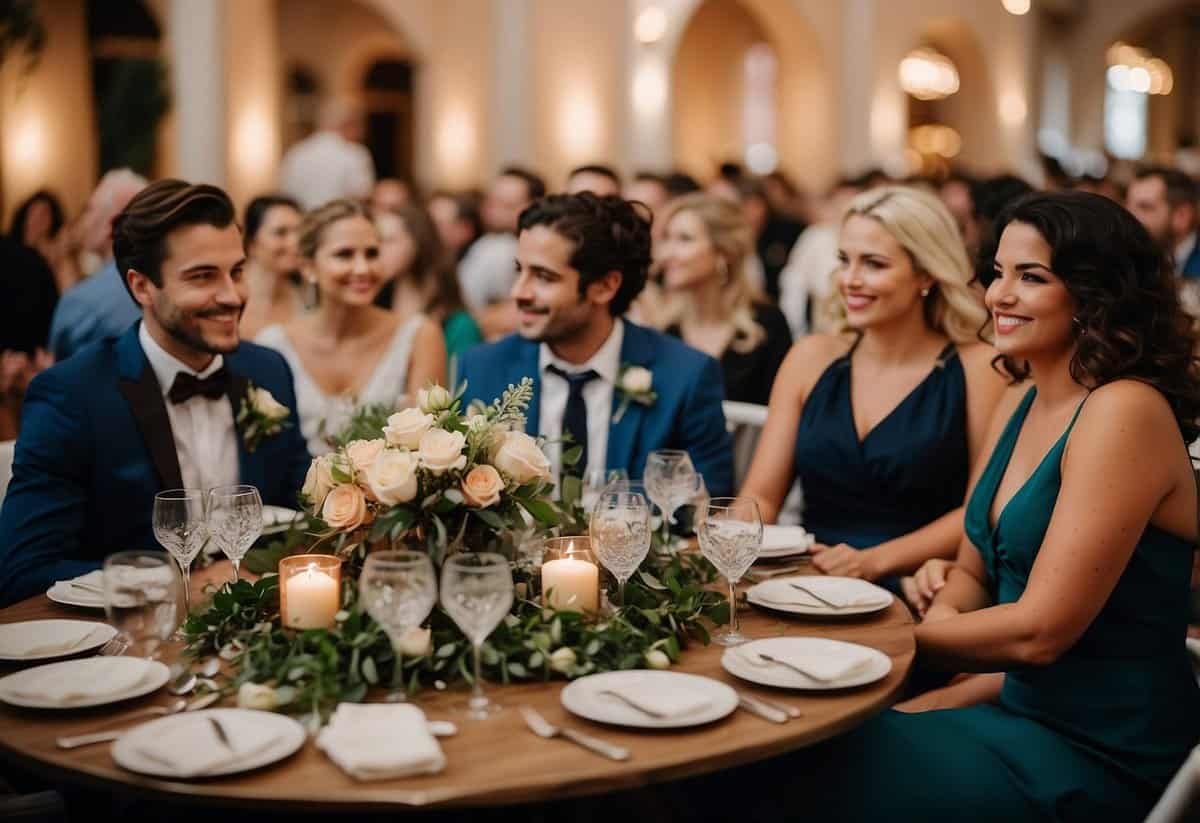 Guests seated at round tables, avoiding grouping all singles together. Mixed seating for a balanced and inclusive wedding reception