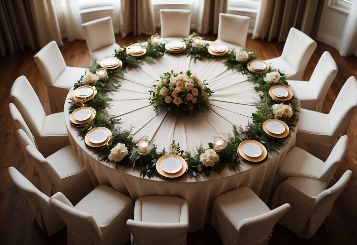 A circular wedding seating plan with round tables, arranged in a cascading pattern from the center, surrounded by elegant chairs with decorative sashes