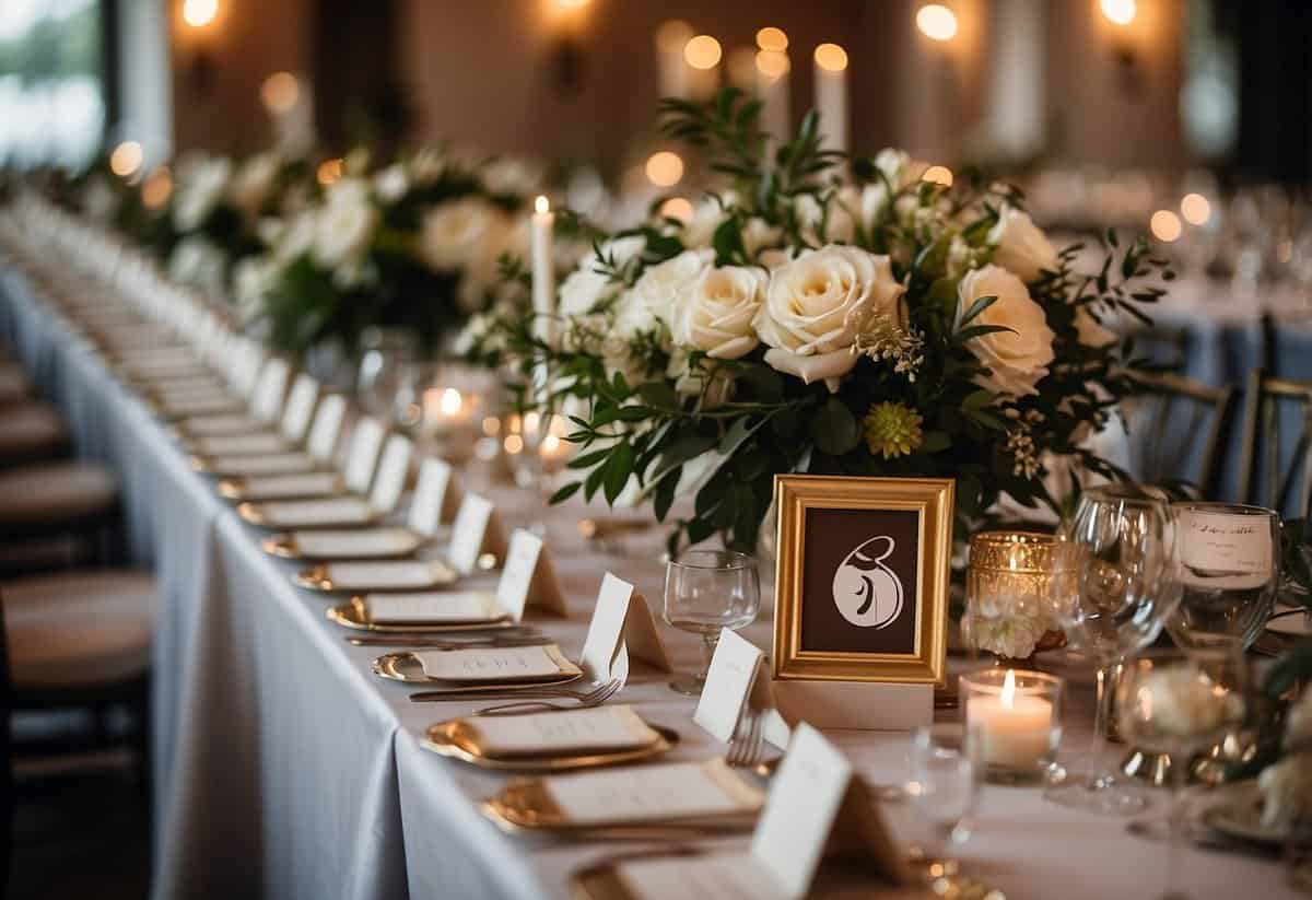 Guests' names on elegant place cards arranged by table numbers on a beautifully decorated seating chart