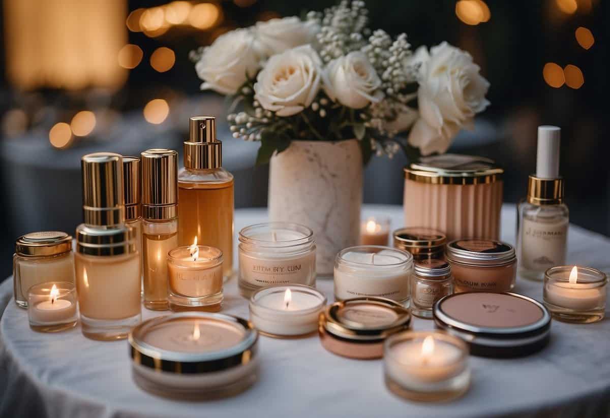 A table set with makeup, hair accessories, and skincare products for a wedding