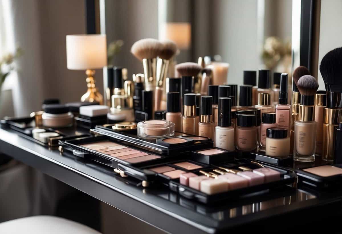 A bride's makeup table with a long-wear foundation prominently displayed, surrounded by elegant wedding beauty products and accessories