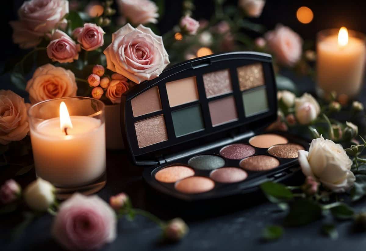 A palette of soft, romantic eyeshadows sits open on a vanity, surrounded by delicate flowers and glowing candlelight