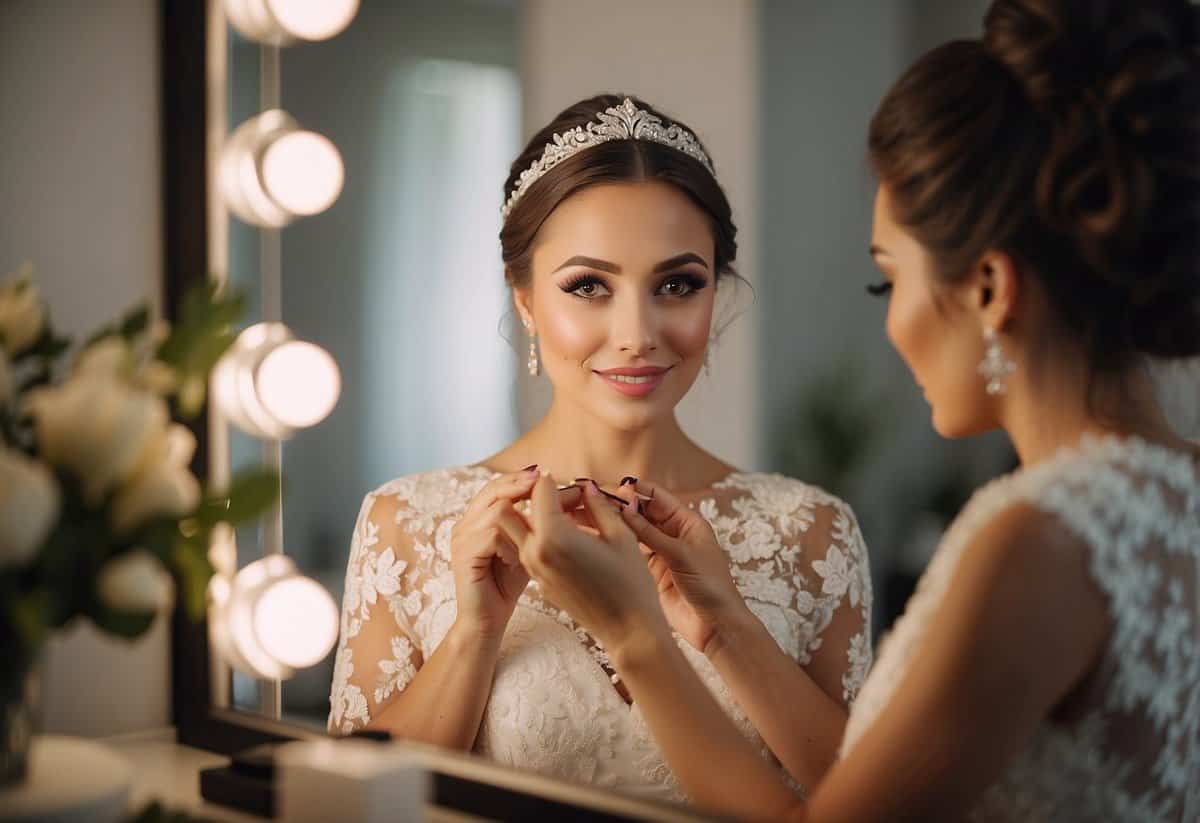 A bride applying natural-looking fake lashes in front of a mirror