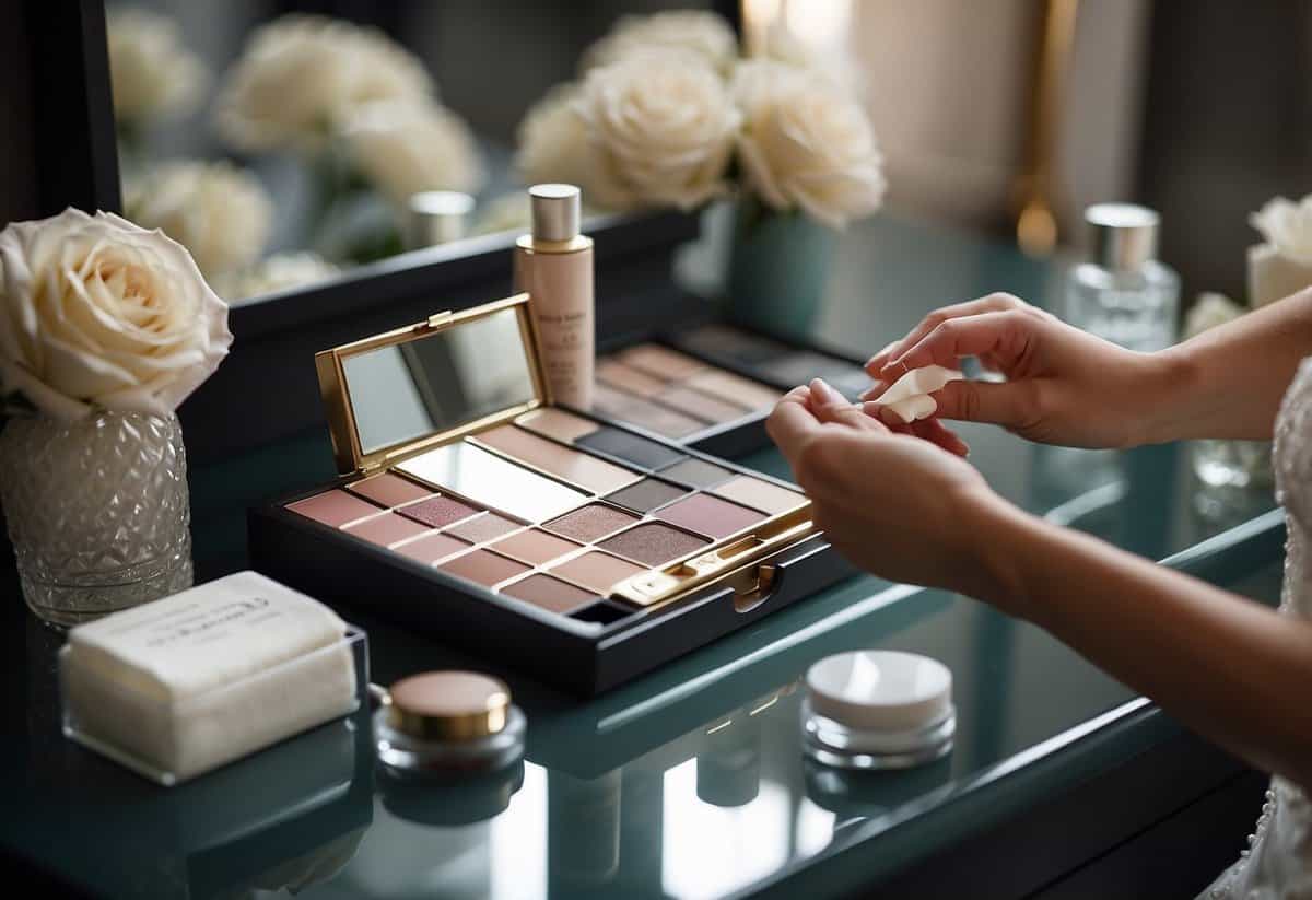A bride's hand reaches for blotting papers on a vanity table. Makeup products and a mirror are scattered around