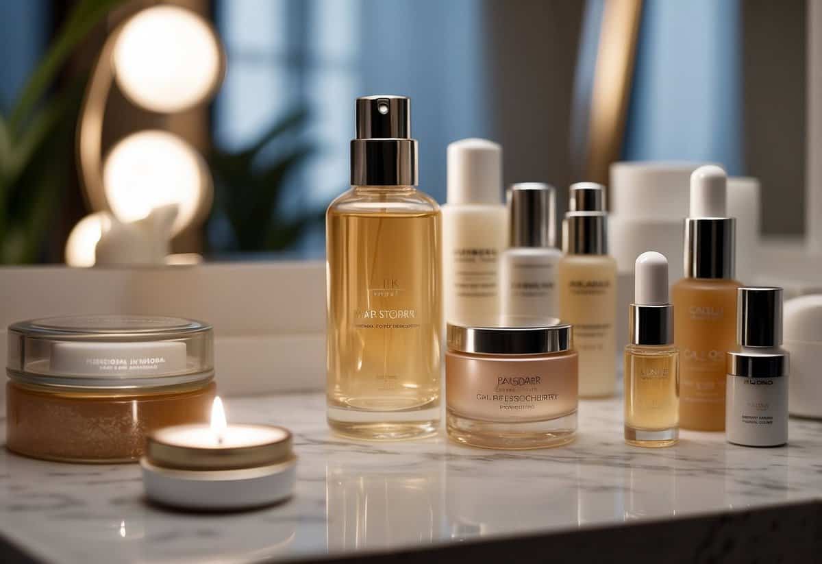 A woman's skincare products laid out on a clean vanity table, with soft lighting and a mirror in the background
