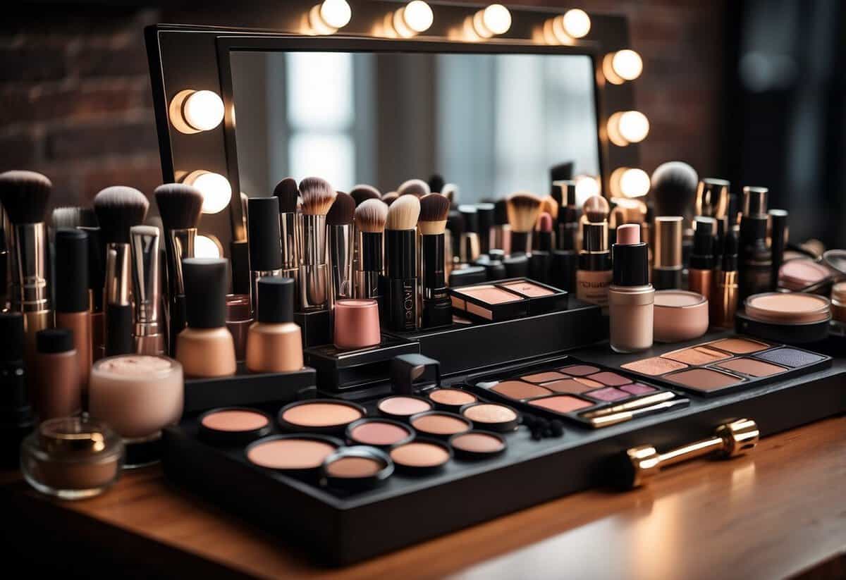 A table with various makeup products arranged neatly, a mirror, and a makeup artist's tools ready for use