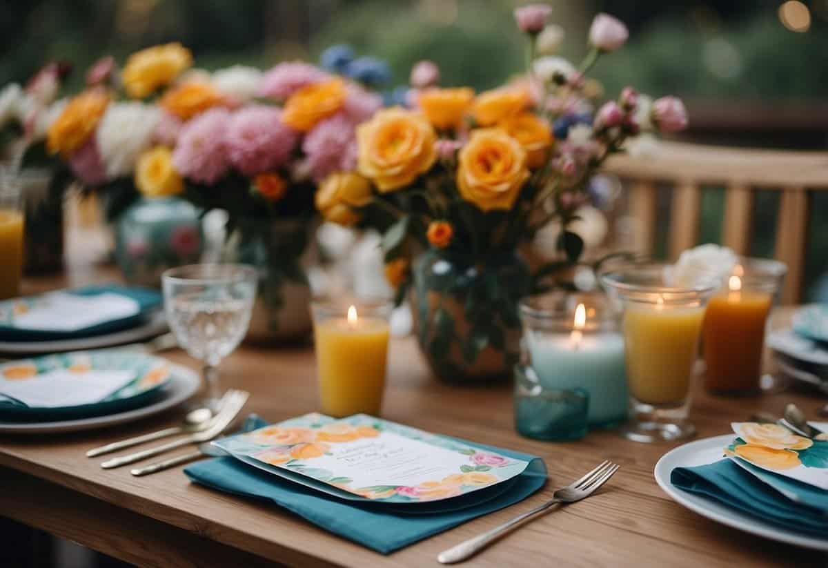 A table adorned with hand-painted invitations, surrounded by colorful paintbrushes and artistic wedding tips