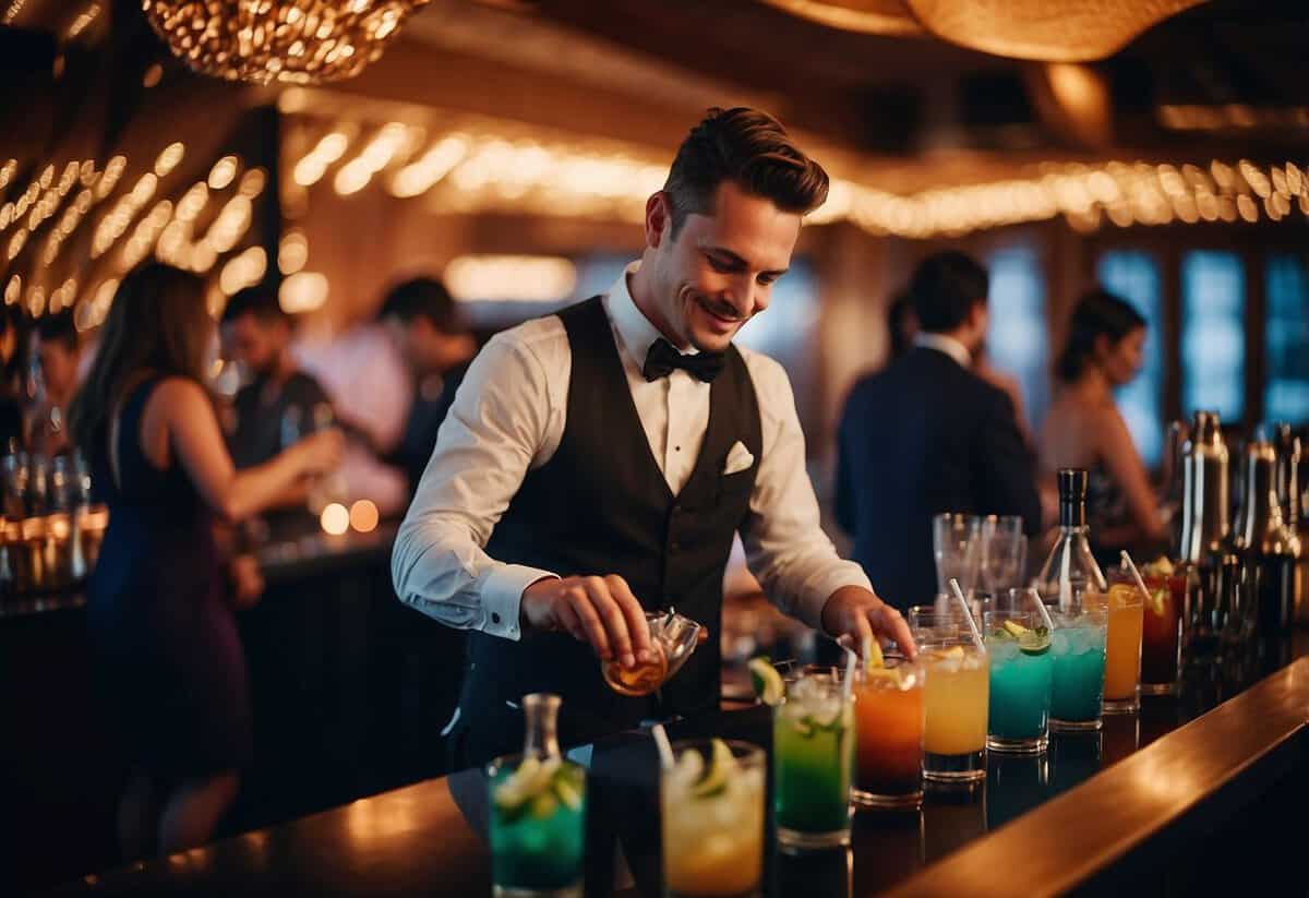 A bartender crafts custom cocktails with unique ingredients at a vibrant wedding reception