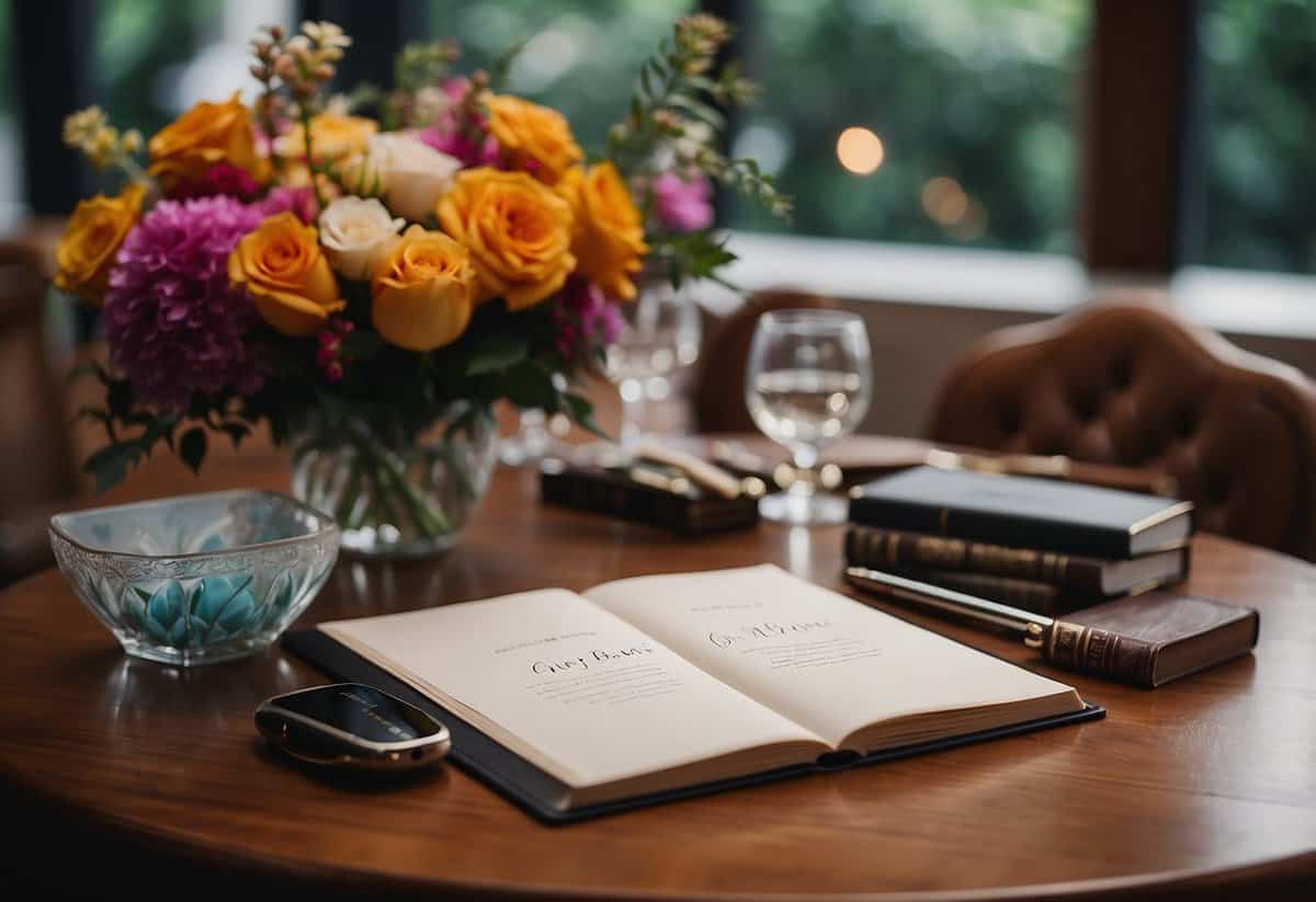 A table with a decorative guest book, surrounded by colorful pens and a sign inviting guests to share their creative wedding tips