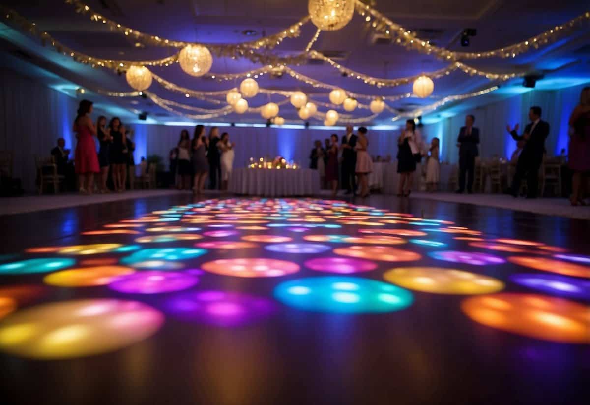 A colorful LED dance floor at a wedding, with vibrant lights and patterns creating a lively and joyful atmosphere