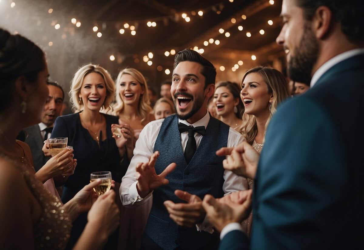 A group of wedding guests gasp in delight as a magician performs a spellbinding trick, adding an unexpected element of surprise to the celebration