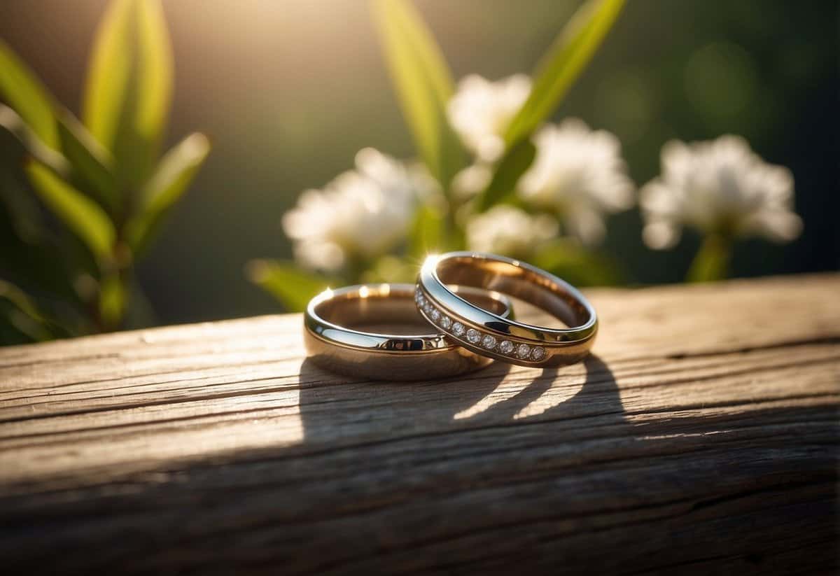 Two unique wedding rings on a rustic wooden table with flowers and greenery. Light streams in from a nearby window, casting soft shadows