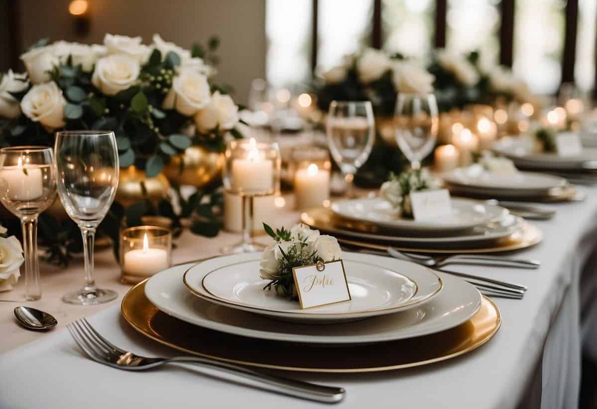 A table set with personalized wedding favors, hand-written place cards, and custom centerpieces, adding a personal touch to the celebration