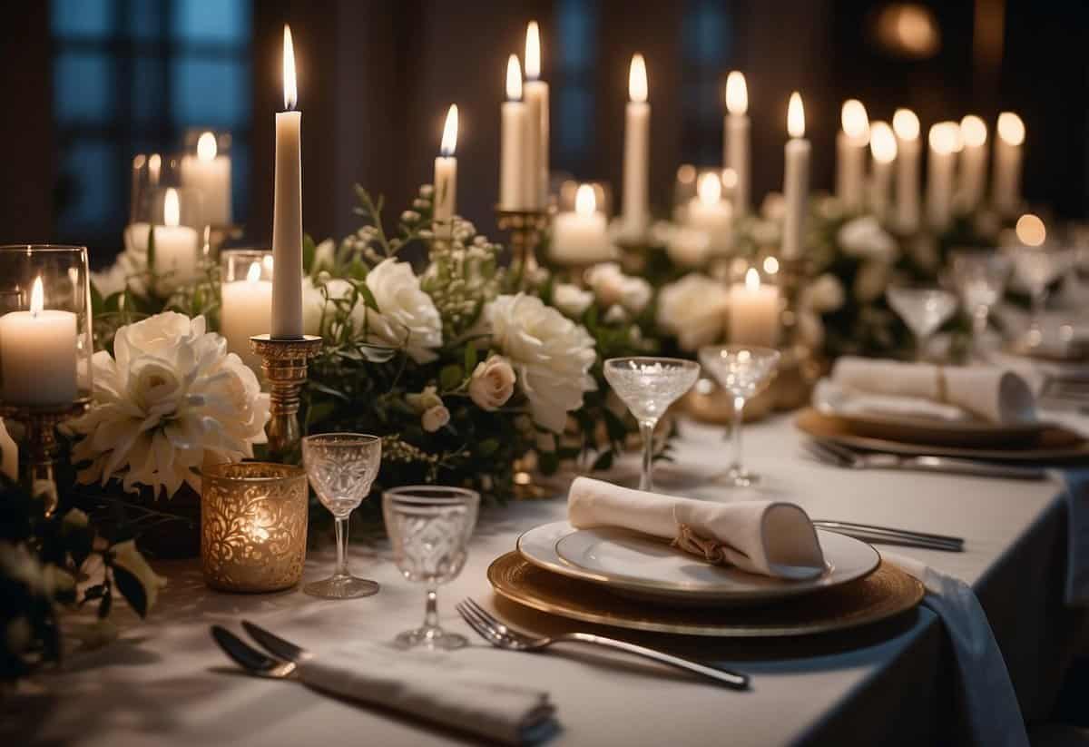 A table set with elegant floral centerpieces and intricate place settings, surrounded by soft candlelight and draped with delicate fabric