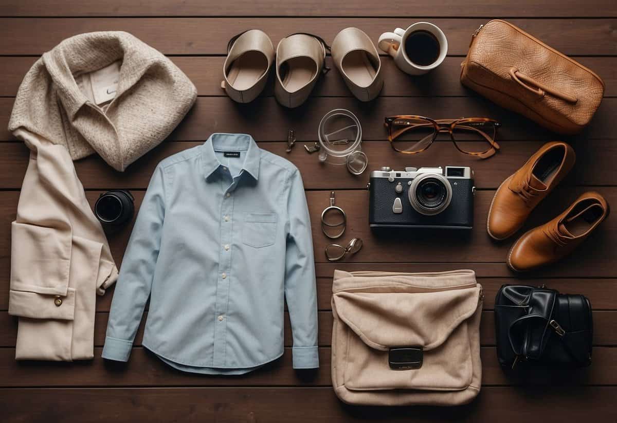 A table with neatly folded clothes, shoes, and accessories laid out for a wedding trip. A checklist and travel documents are placed on top