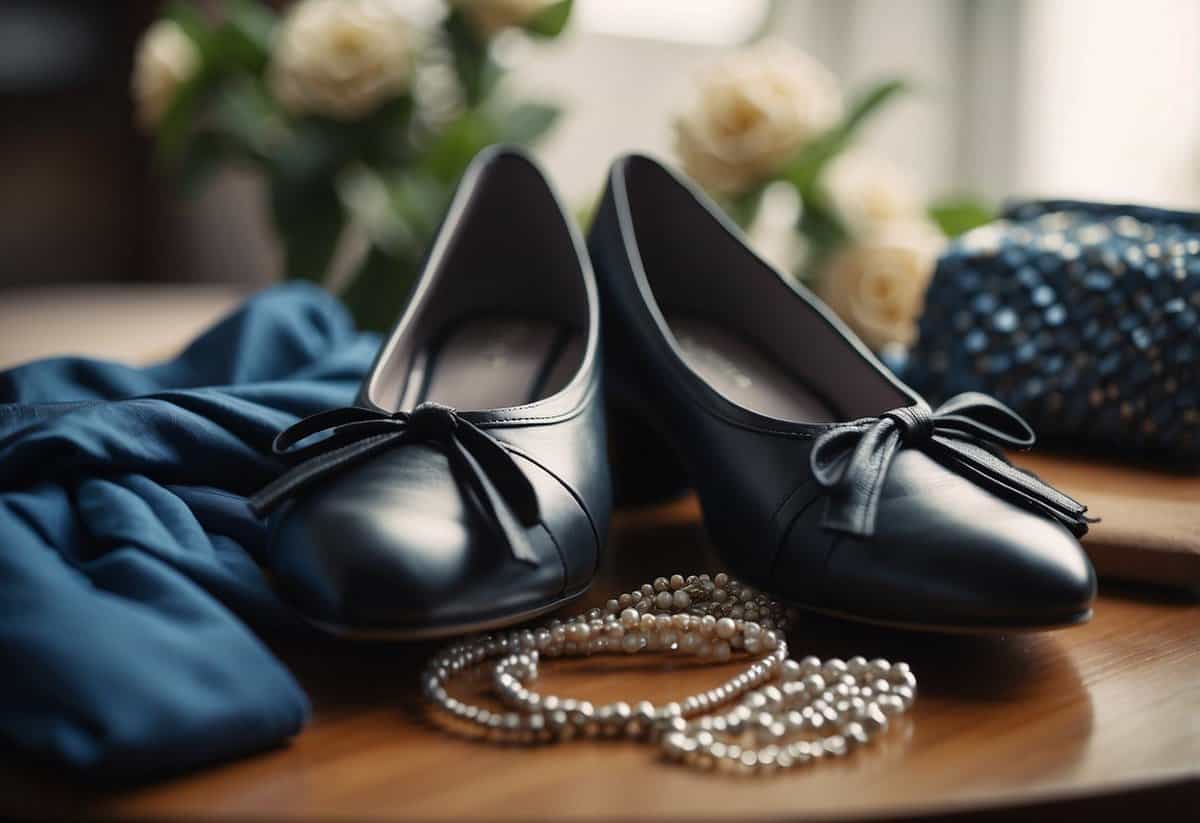 A pair of comfortable dance shoes surrounded by neatly folded clothing and accessories, ready to be packed for a wedding