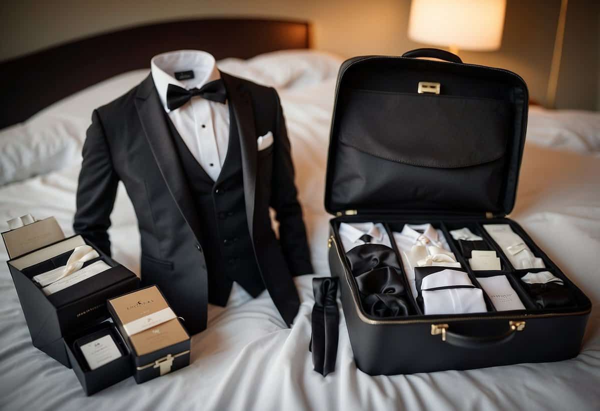 A neatly folded tuxedo laid out on a bed, surrounded by neatly packed wedding essentials