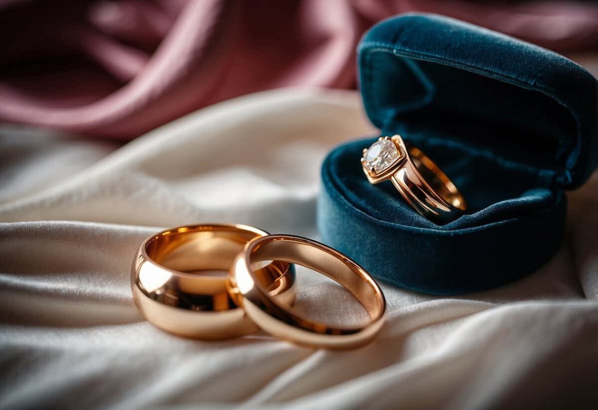 Two wedding rings nestled in a velvet box, surrounded by delicate tissue paper and placed inside a luxurious satin pouch