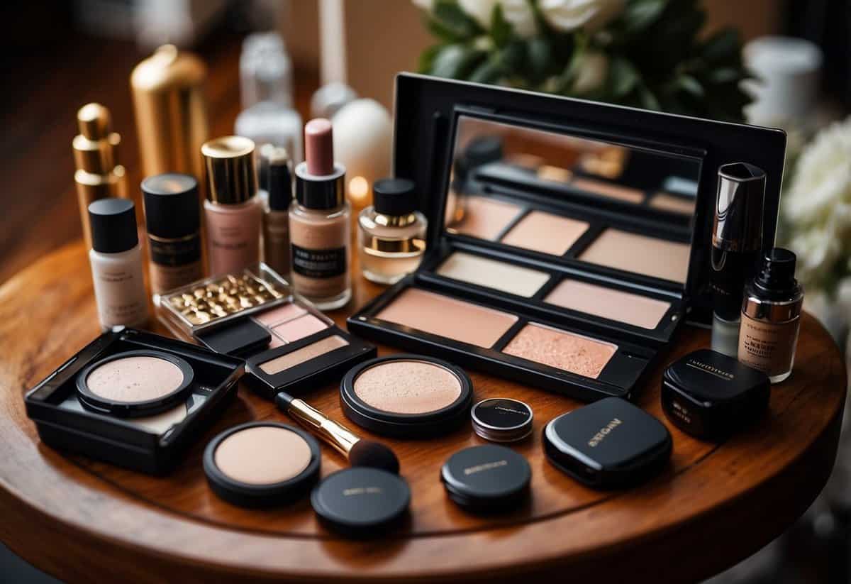 A makeup kit open on a table, with various products neatly organized for touch-ups. Wedding packing tips are scattered around the kit