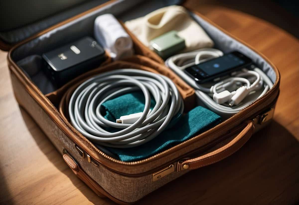 A phone charger is neatly coiled and placed next to neatly folded clothes and travel essentials in a suitcase