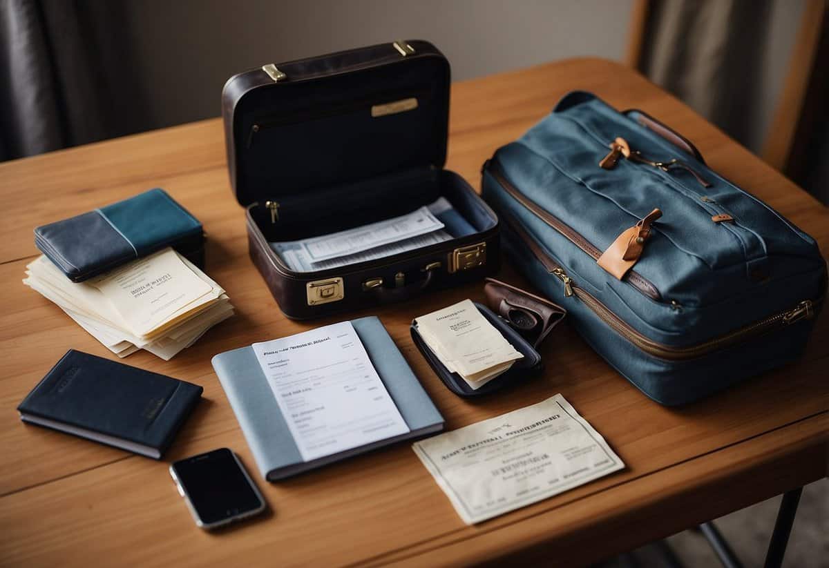 A table with travel documents, passport, tickets, and packing list. Suitcase open with neatly folded clothes and wedding accessories