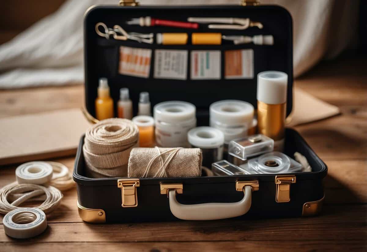 An open emergency kit with band-aids and needle & thread, surrounded by neatly packed wedding essentials
